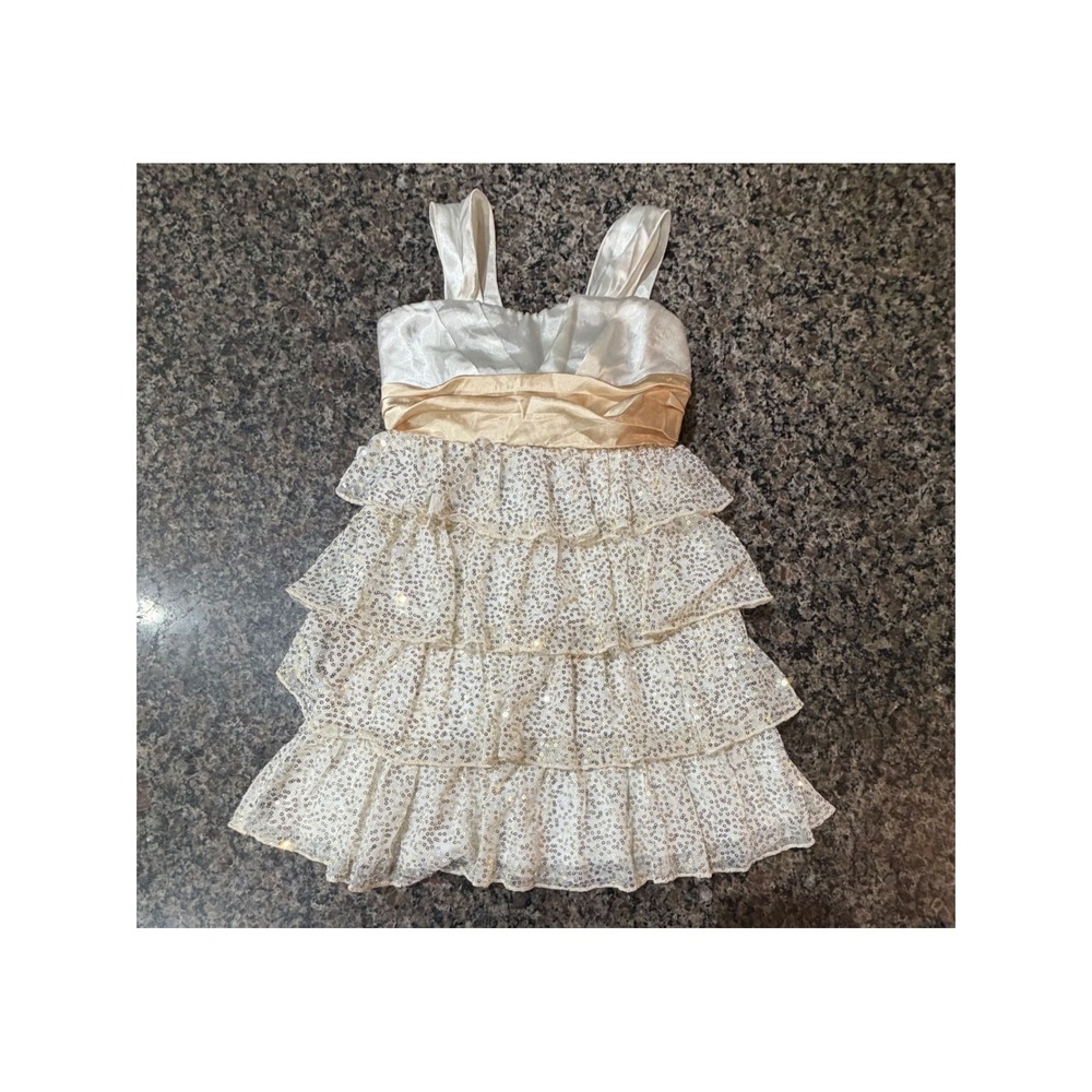 Speechless Girls Ivory Gold Sequin‎ Tiered Ruffle Party Dress Size 8 Holiday Bow